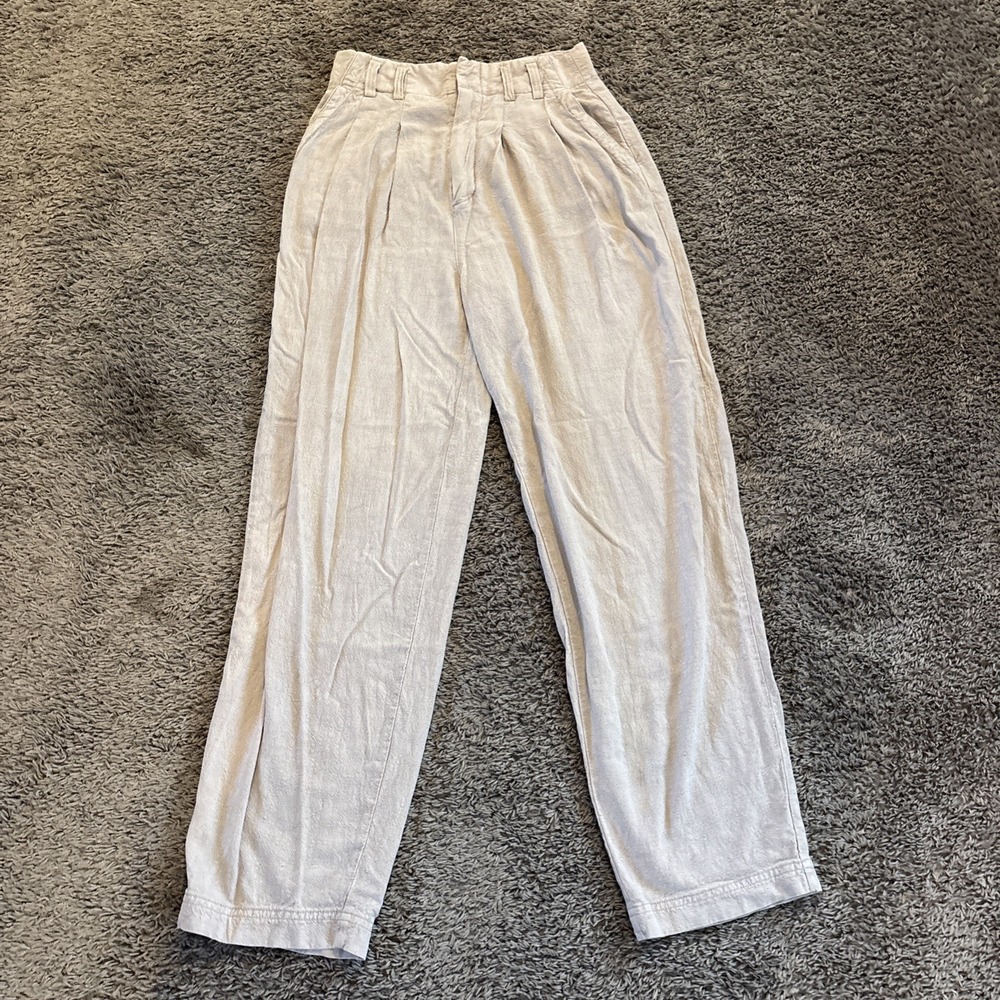 Free People Women's White Wide Leg Linen Blend Pants Belted Boho Size‎ 0